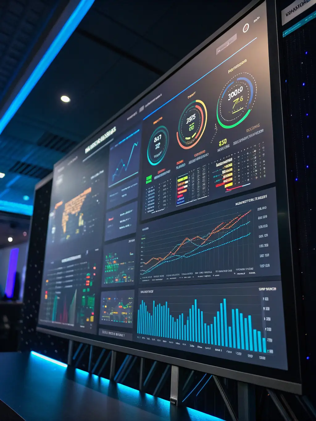 An image of a futuristic data dashboard displaying analytics and AI visualizations, representing Al Zamzam Tech's AI & Data Analytics services.