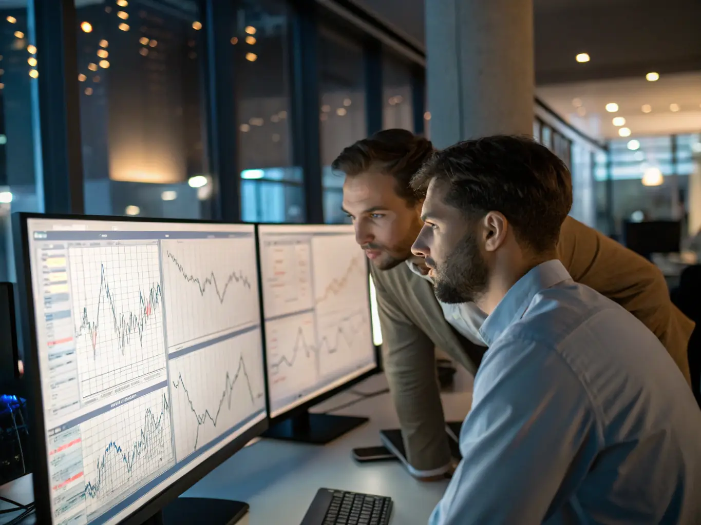 A professional workspace with data scientists analyzing complex datasets on multiple monitors, highlighting the use of AI and data analytics to drive business decisions.