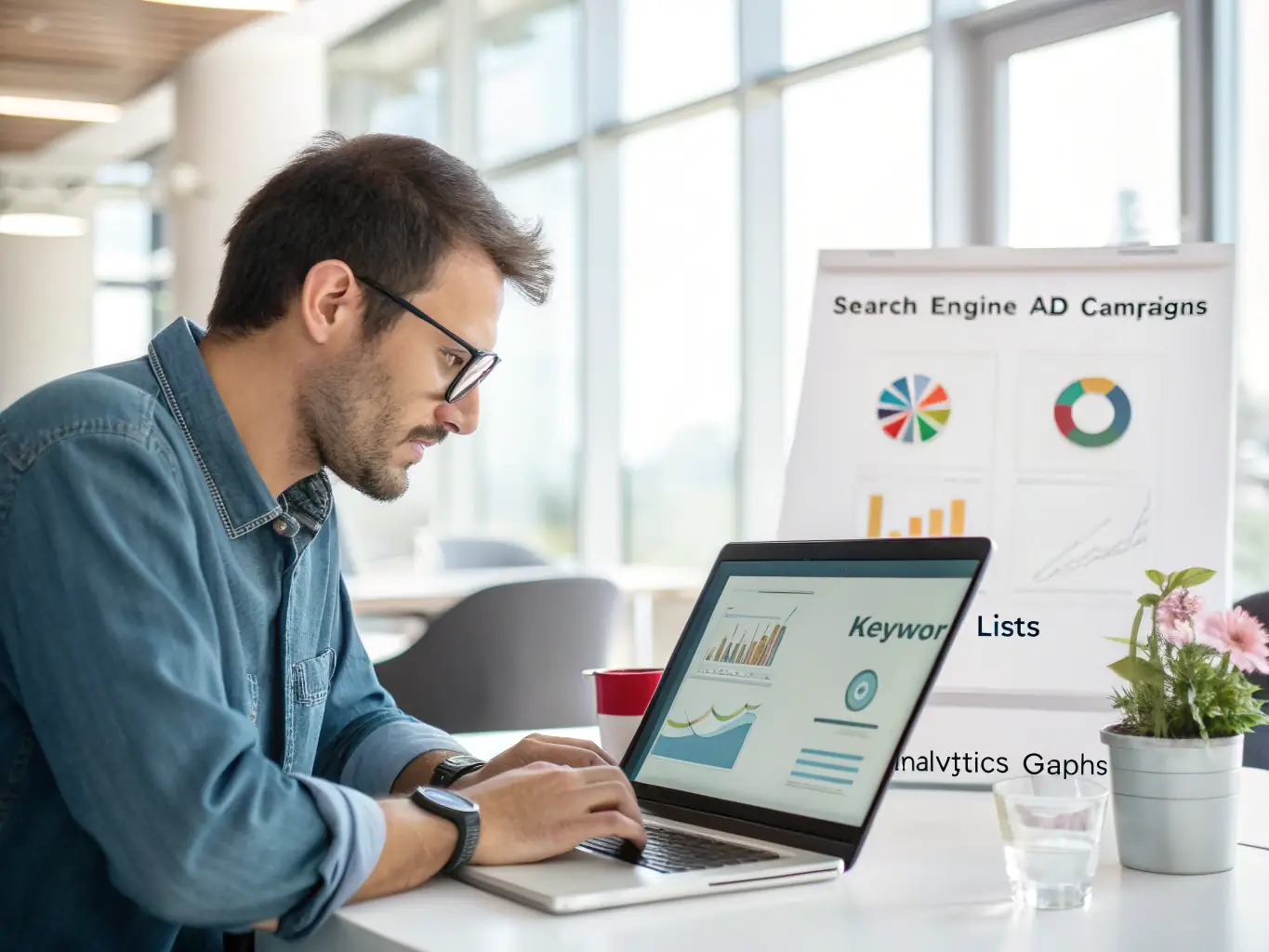 A vibrant digital marketing campaign visual, featuring a laptop displaying search engine results pages (SERPs) and social media ads, highlighting Al Zamzam Tech Digital's Digital Marketing & SEO services.