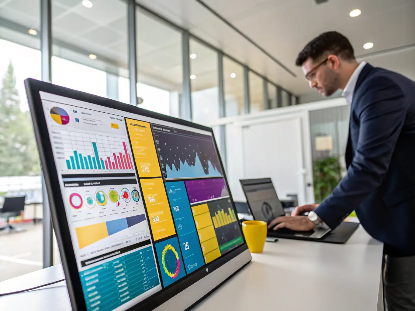 A visually appealing dashboard displaying key performance indicators (KPIs) for a retail business, with charts and graphs illustrating sales trends, inventory levels, and customer engagement metrics, representing Al Zamzam Tech Digital's Power BI Dashboard services.