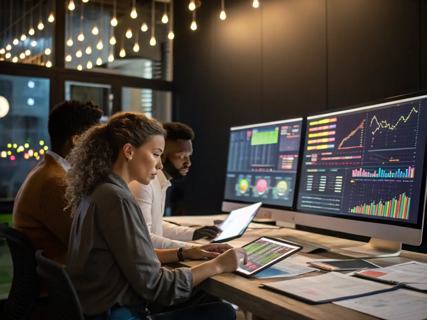 A professional workspace showcasing data scientists collaborating on an AI model, with visual representations of data streams and machine learning algorithms displayed on large monitors, emphasizing the AI & Data Analytics services offered by Al Zamzam Tech Digital.