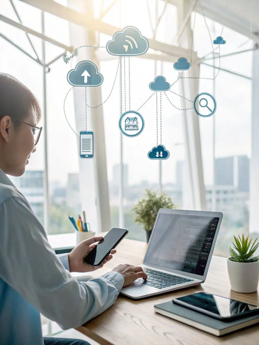 A professional image representing SaaS (Software as a Service), such as a user accessing a cloud-based dashboard on multiple devices, highlighting accessibility and scalability.